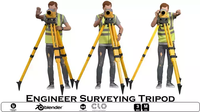Engineer Surveying Tripod in 3 poses-not rigged
