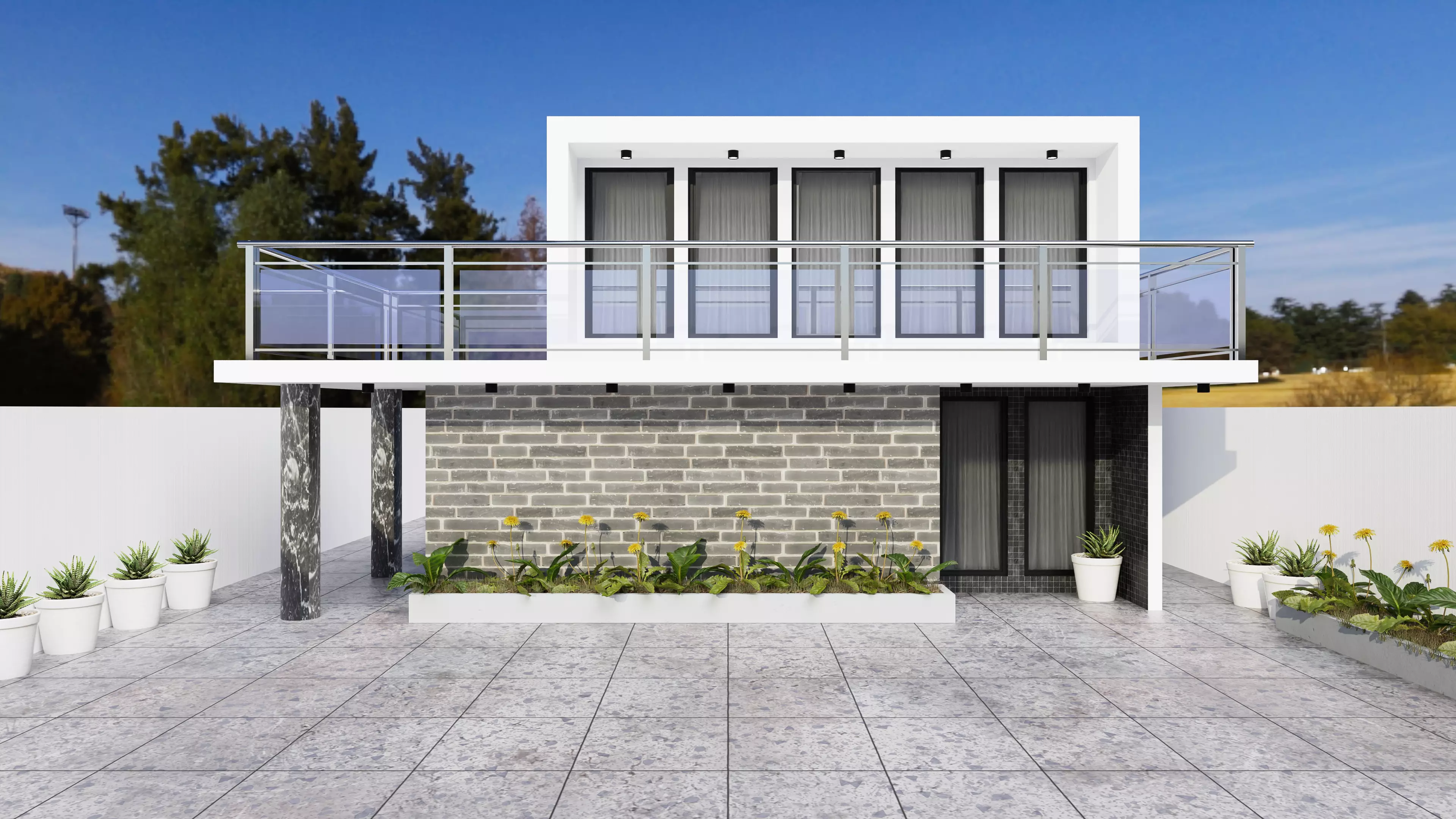 3D Modern Two Storey House Exterior Visualization Scene Low-poly 3D model