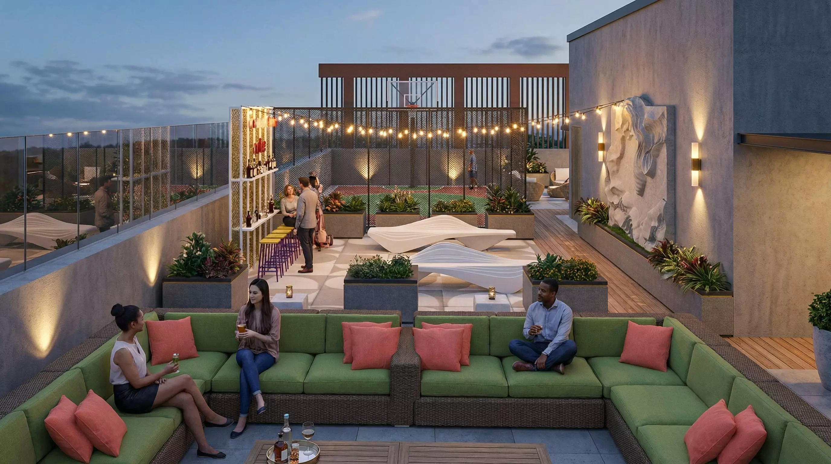 Rooftop Landscape Garden and Modern Commercial Building Facade Low-poly 3D model