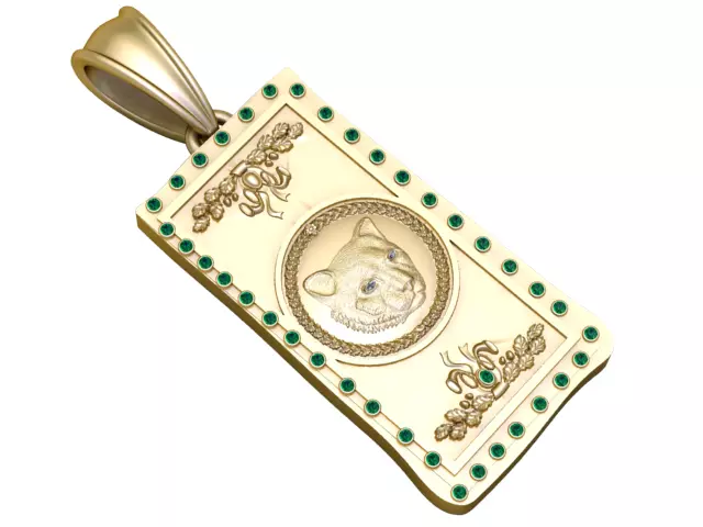 Luxury Panther Portrait Gold Pendant Emerald Border Rectangular 3D print model
