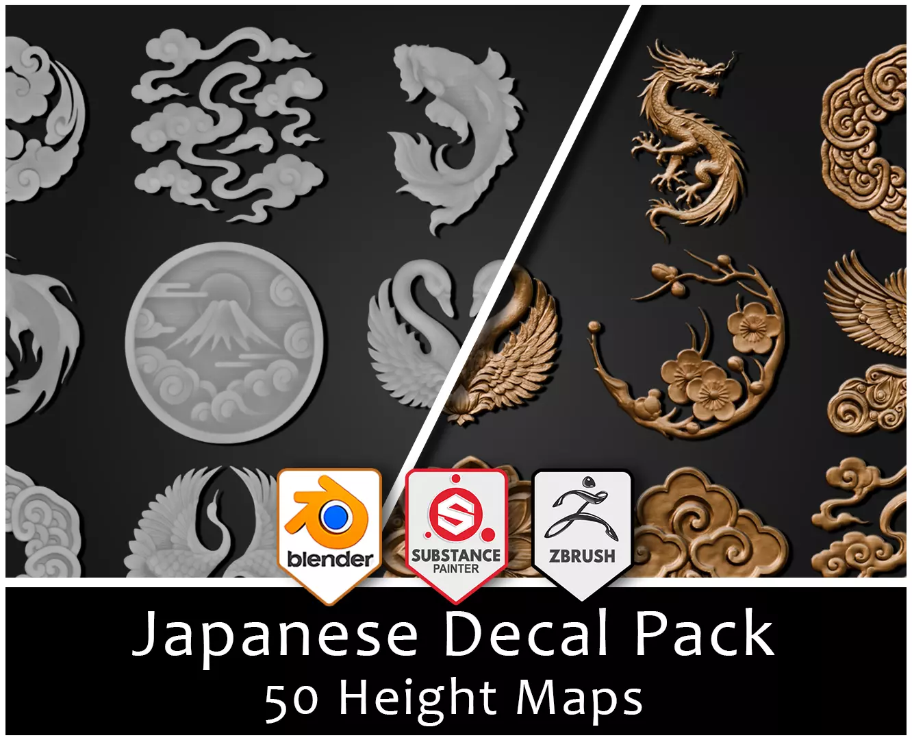 3DT Japanese Ornamental Decal and Stamp Pack Low-poly 3D model