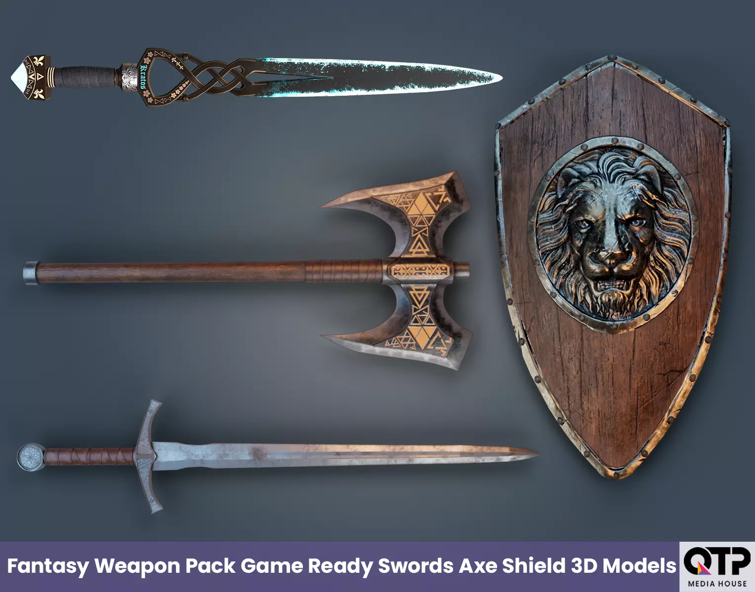 Fantasy Weapon Pack Game Ready Swords Axe Shield 3D Models Low-poly 3D model