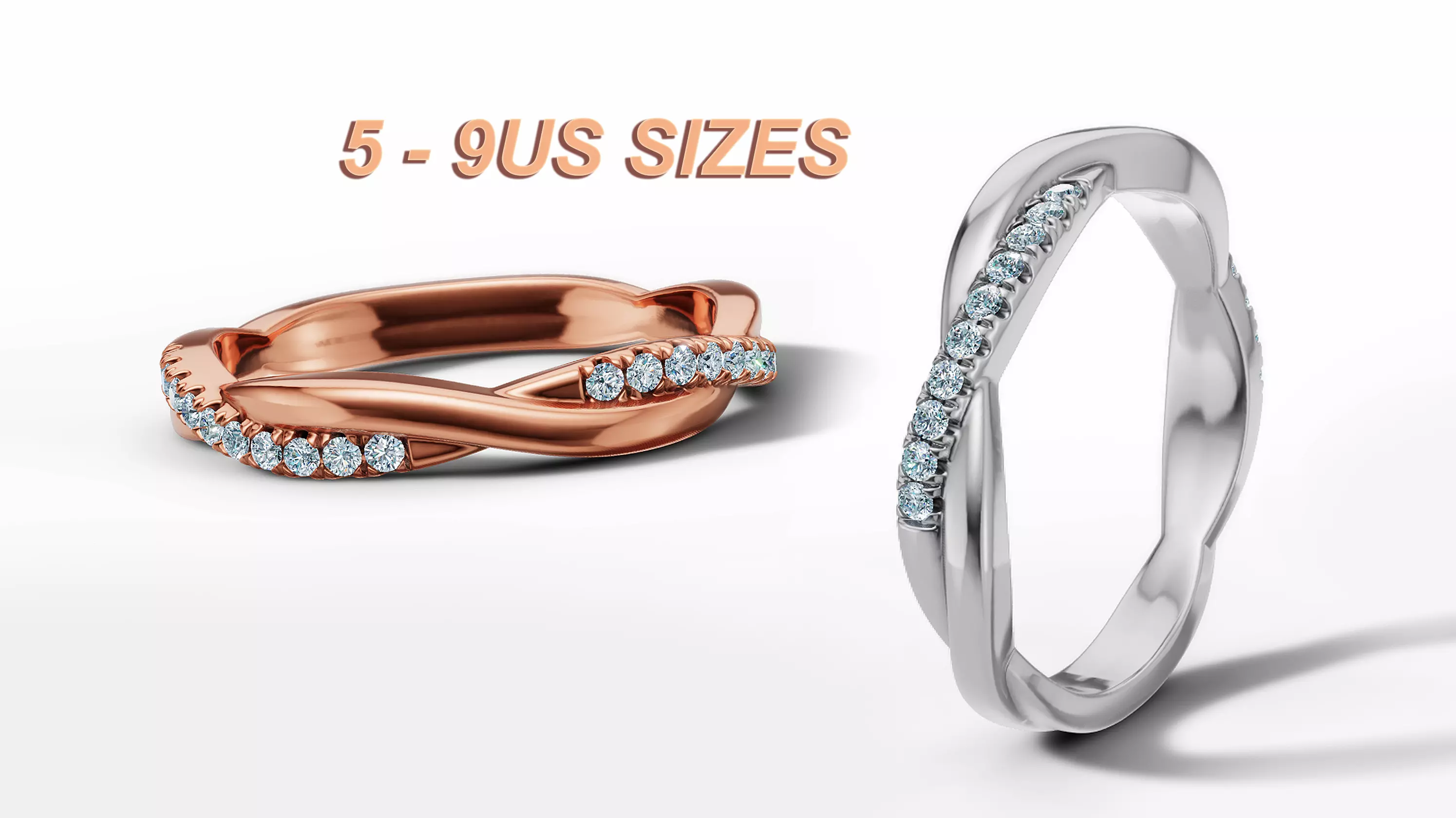Diamond Ring Half Eternity Ring Pave Setting Wavy Rope Style 3D print model