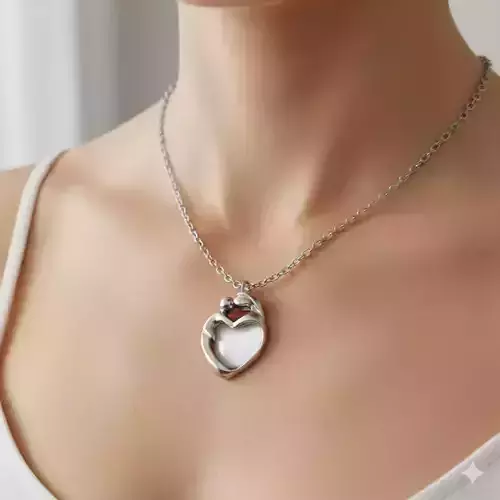 Mother and Child Heart Pendant Necklace - Silver 3D Model