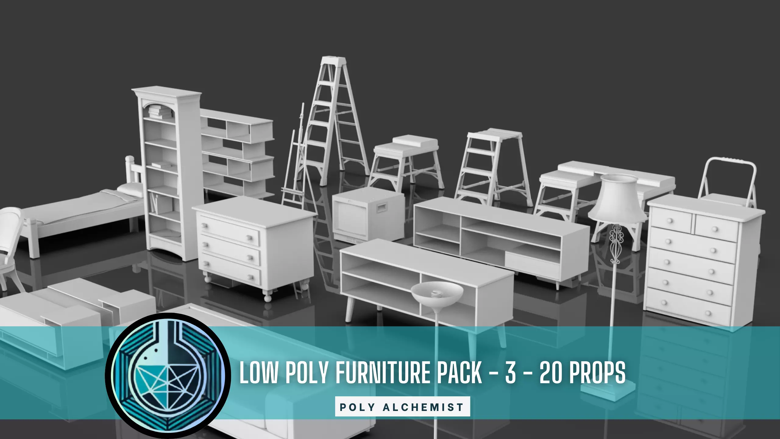 Low Poly Furniture Pack - 3 - 20 Props Low-poly 3D model