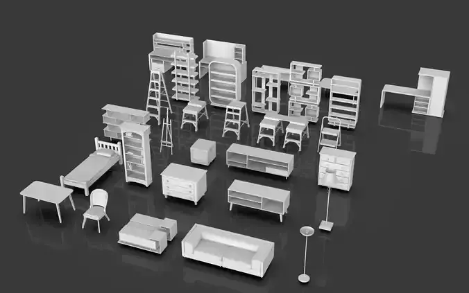 Low Poly Furniture Pack - 5 - 30 Props  Low-poly 3D model 3
