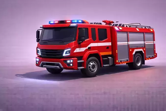 Low Poly Modern Fire Truck Vehicle Model PBR Texture