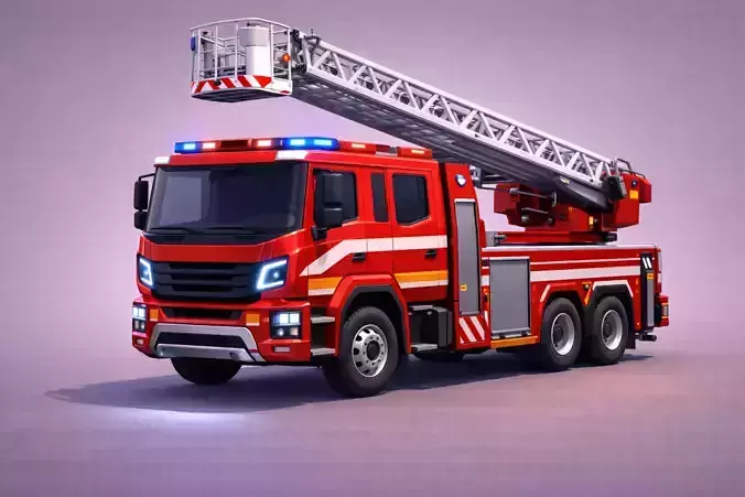 Low Poly Modern Ladder Fire Truck Vehicle Model PBR Texture