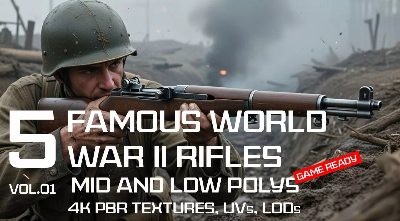 5 Famous World War II Rifles Game assets Low-poly 3D model