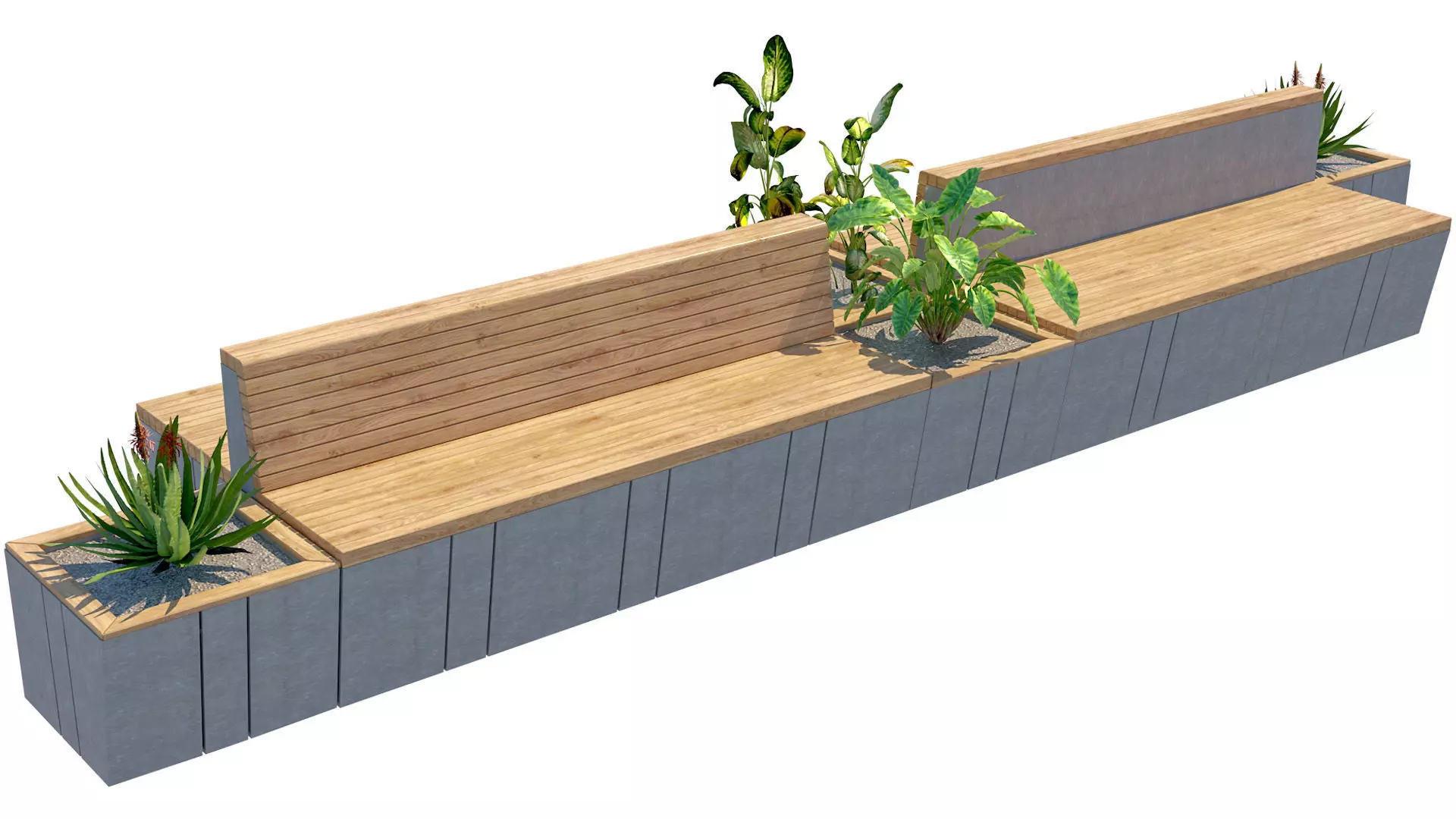 outdoor modern wood concrete bench with planter Low-poly 3D model