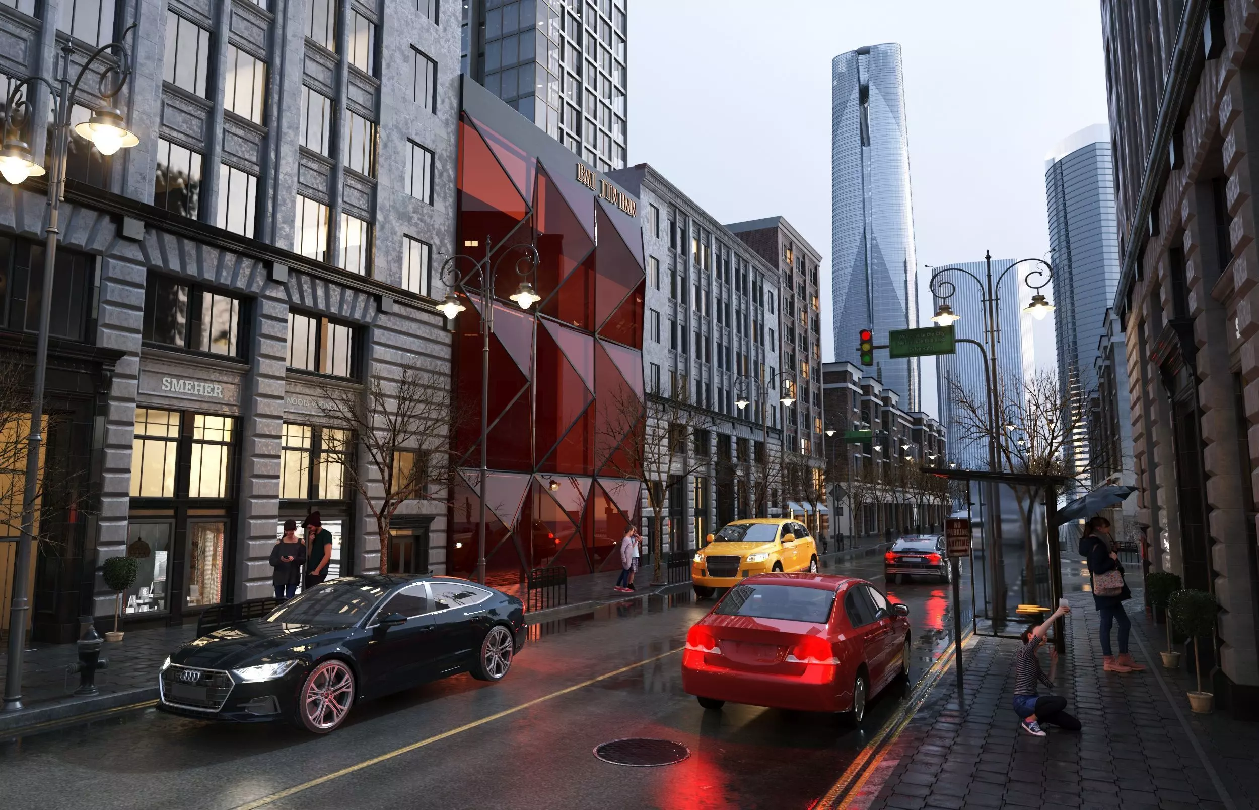 Post-rain commercial street Low-poly 3D model