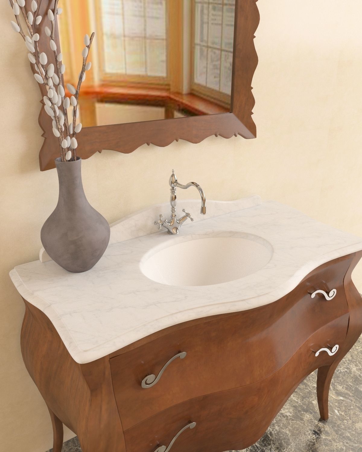 Washbasin set bathroom sink with ornate mirror 3D model_10