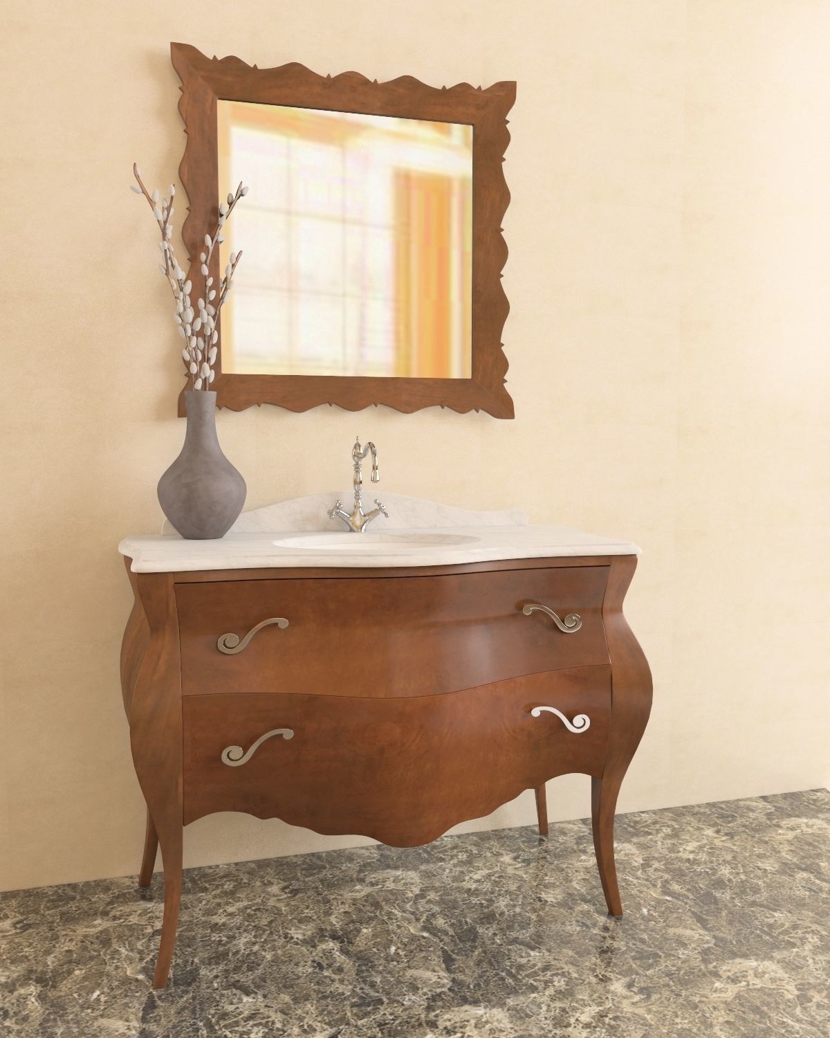 Washbasin set bathroom sink with ornate mirror 3D model_11