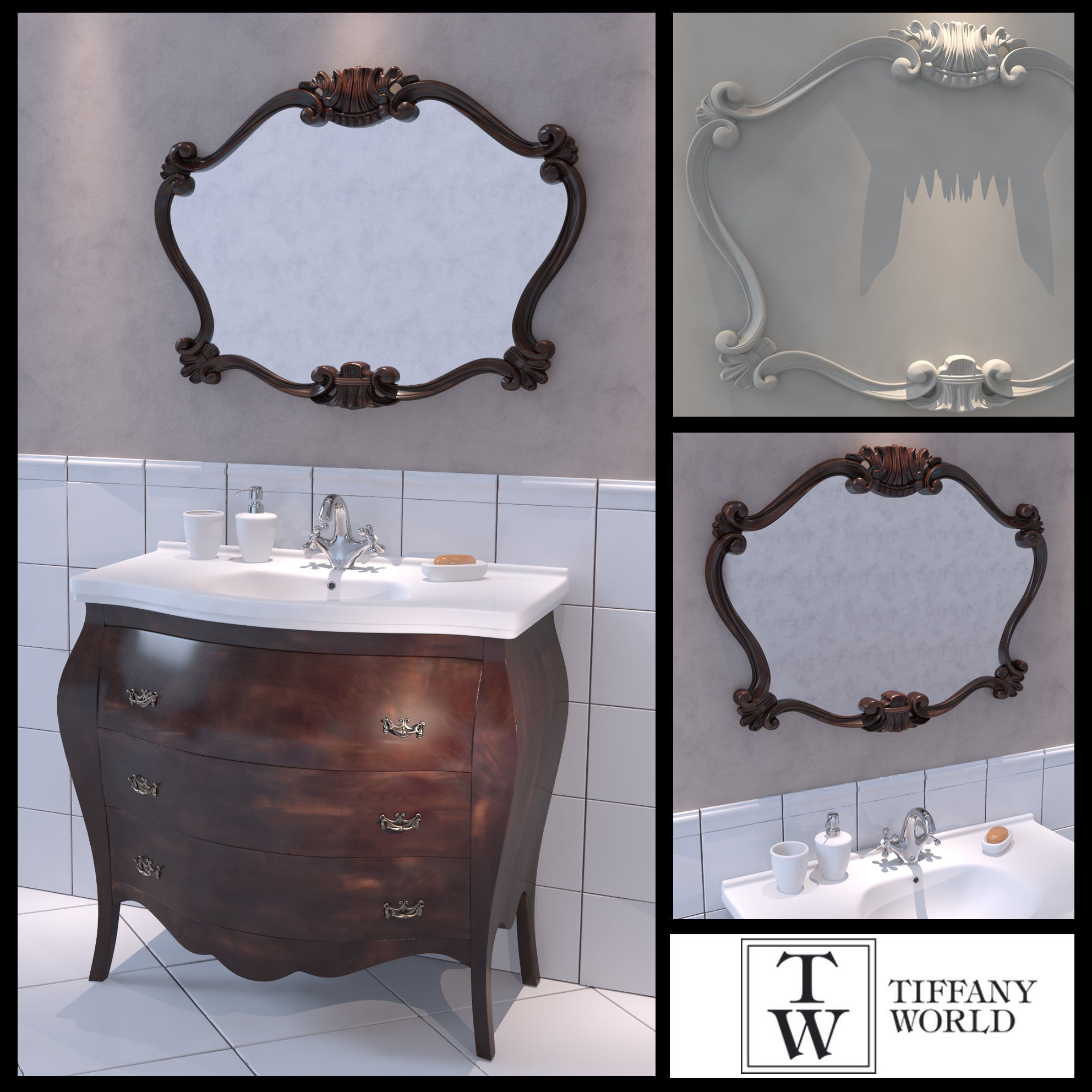 Washbasin set bathroom sink with ornate mirror 3D model_1