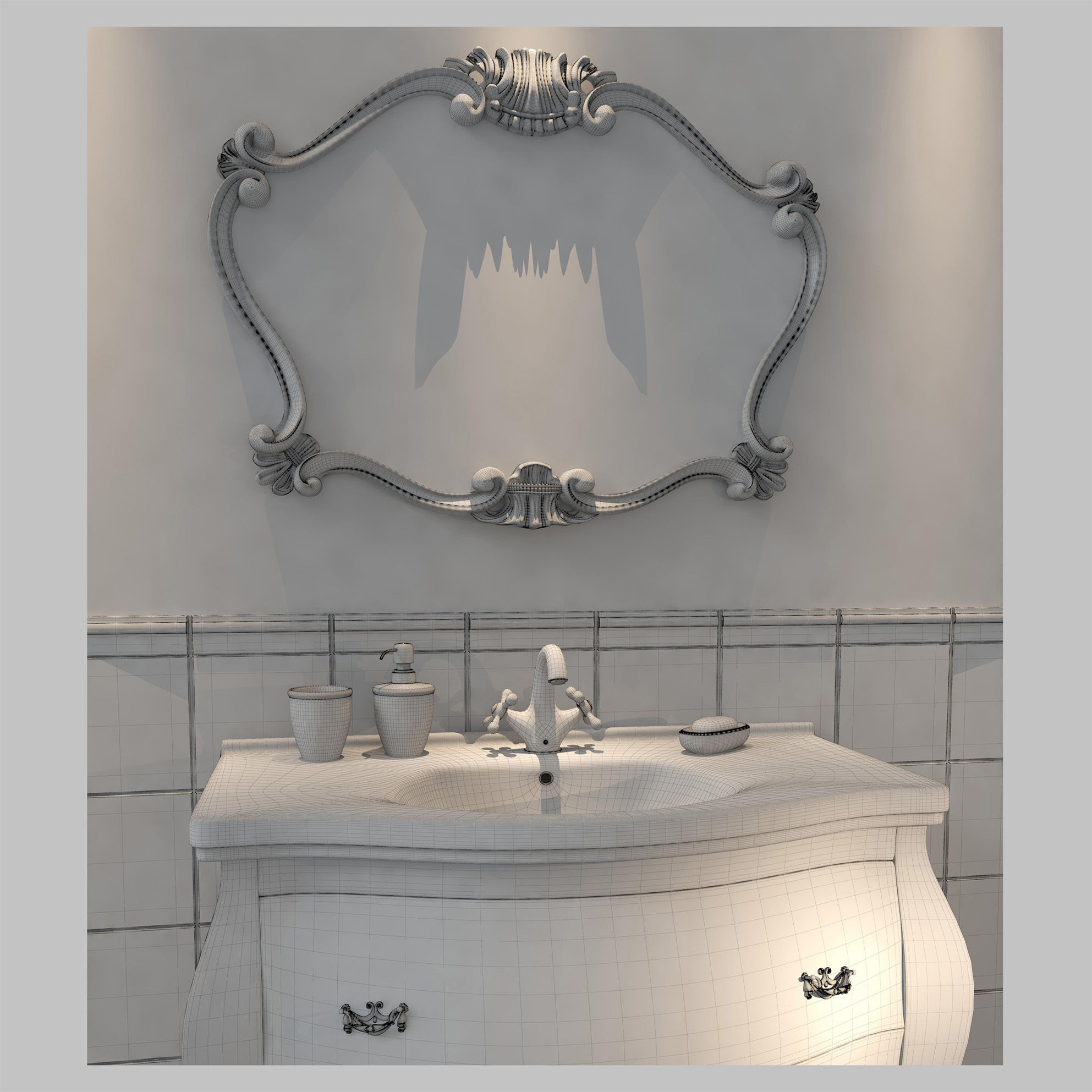 Washbasin set bathroom sink with ornate mirror 3D model_6