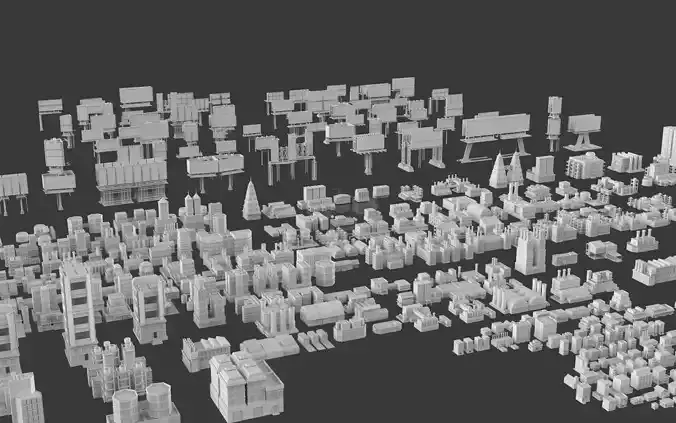 Low Poly 295 City Buildings And 70 Billboards Pack - Untextured Low-poly 3D model