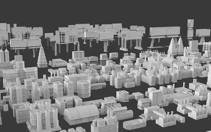 Low Poly 295 City Buildings And 70 Billboards Pack - Untextured Low-poly 3D model 2