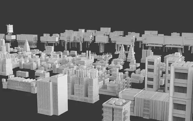 Low Poly 295 City Buildings And 70 Billboards Pack - Untextured Low-poly 3D model 3