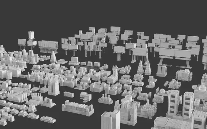 Low Poly 295 City Buildings And 70 Billboards Pack - Untextured Low-poly 3D model 6