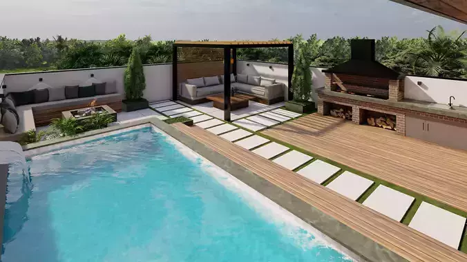Modern Rooftop Garden with Pool Pergola-Outdoor Kitchen