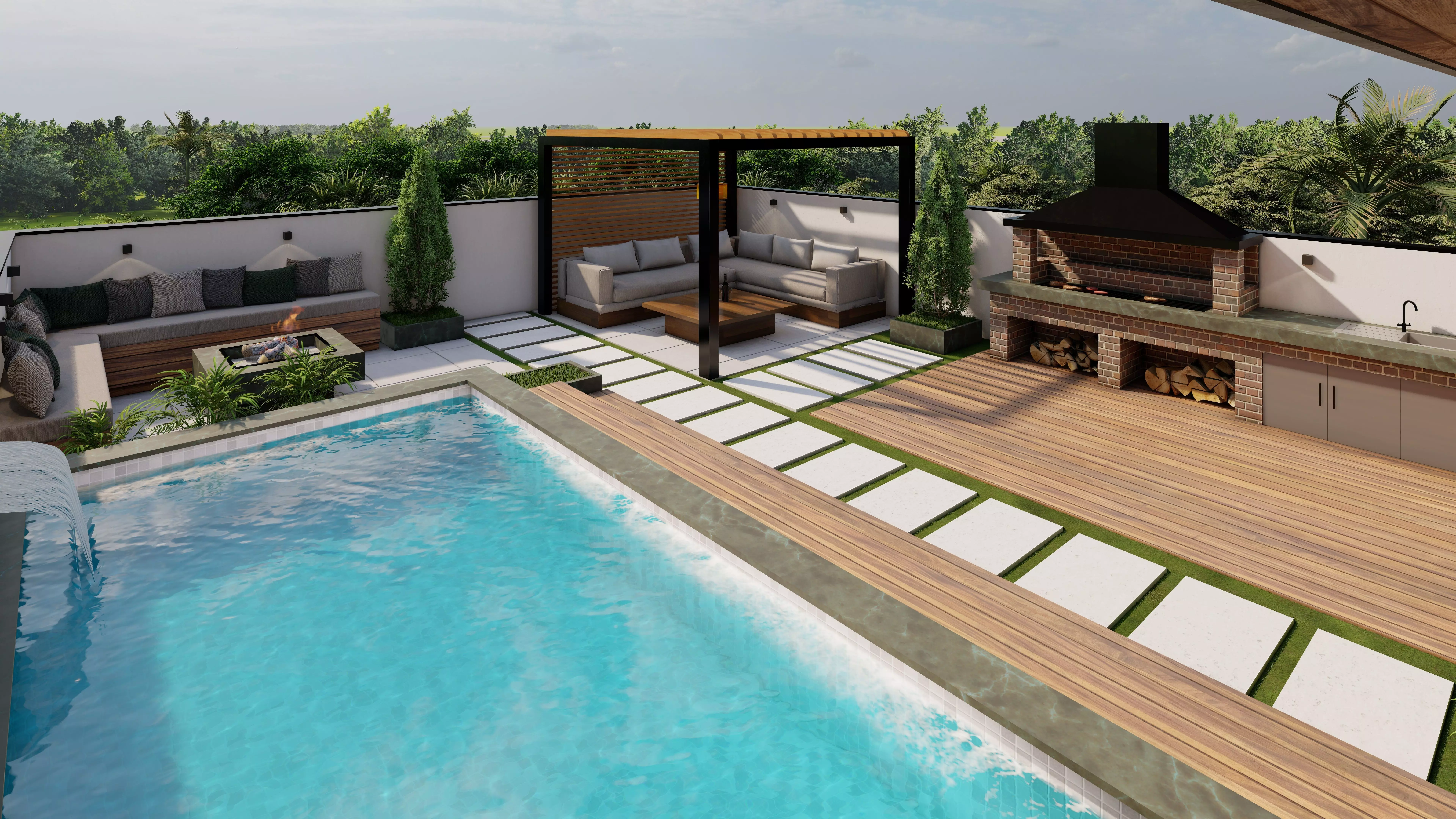 Modern Rooftop Garden with Pool Pergola-Outdoor Kitchen 3D model