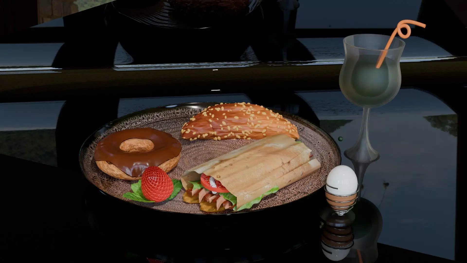 Crispy chicken bacon ranch wrap and donut and Croissant lunch Low-poly 3D model