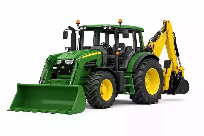 John Deere 6195M Backhoe Loader Low Poly Tractor Model
