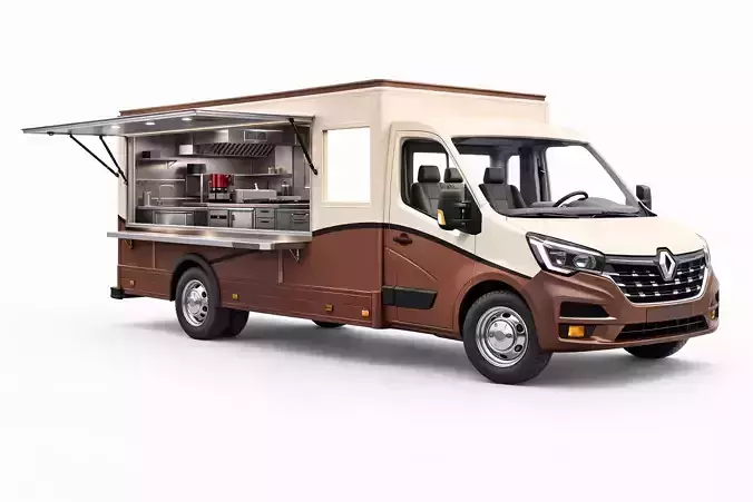 Renault Master Food Truck Low Poly Mobile Kitchen Vehicle