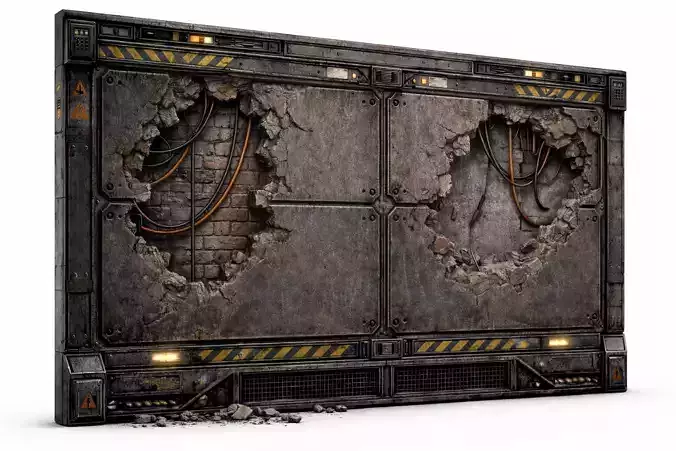Sci-Fi Damaged Industrial Wall Panel - PBR Low Poly Game Ready
