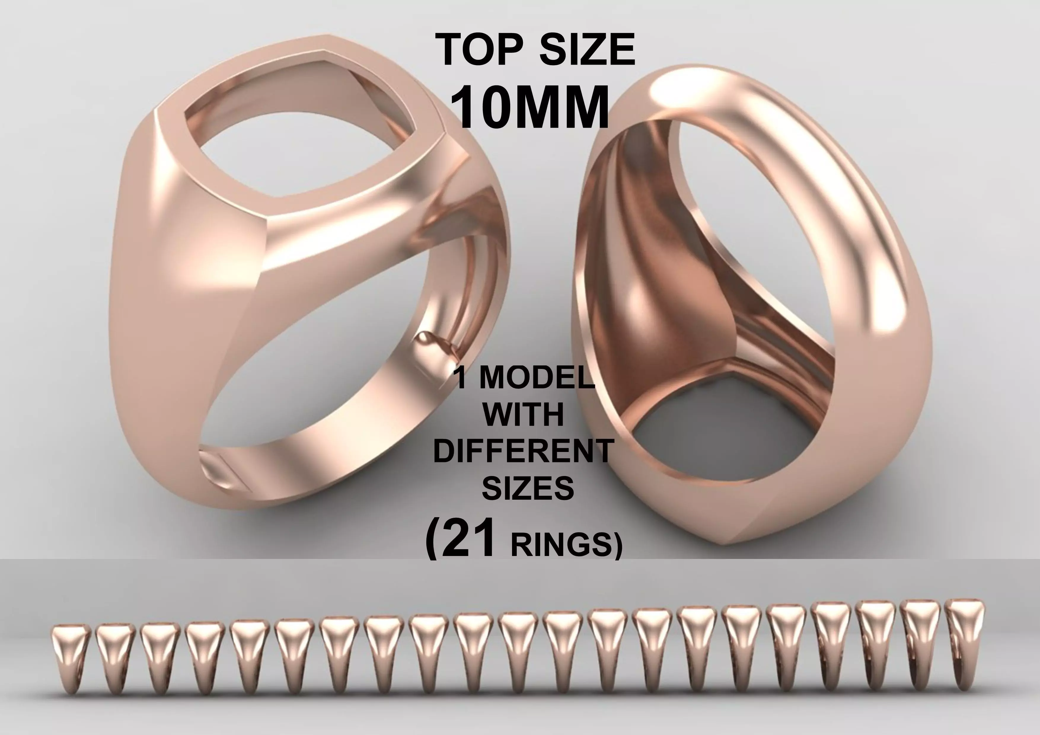 cushion square Signet Ring Base 10 MM top in All sizes 278-MWC 3D print model