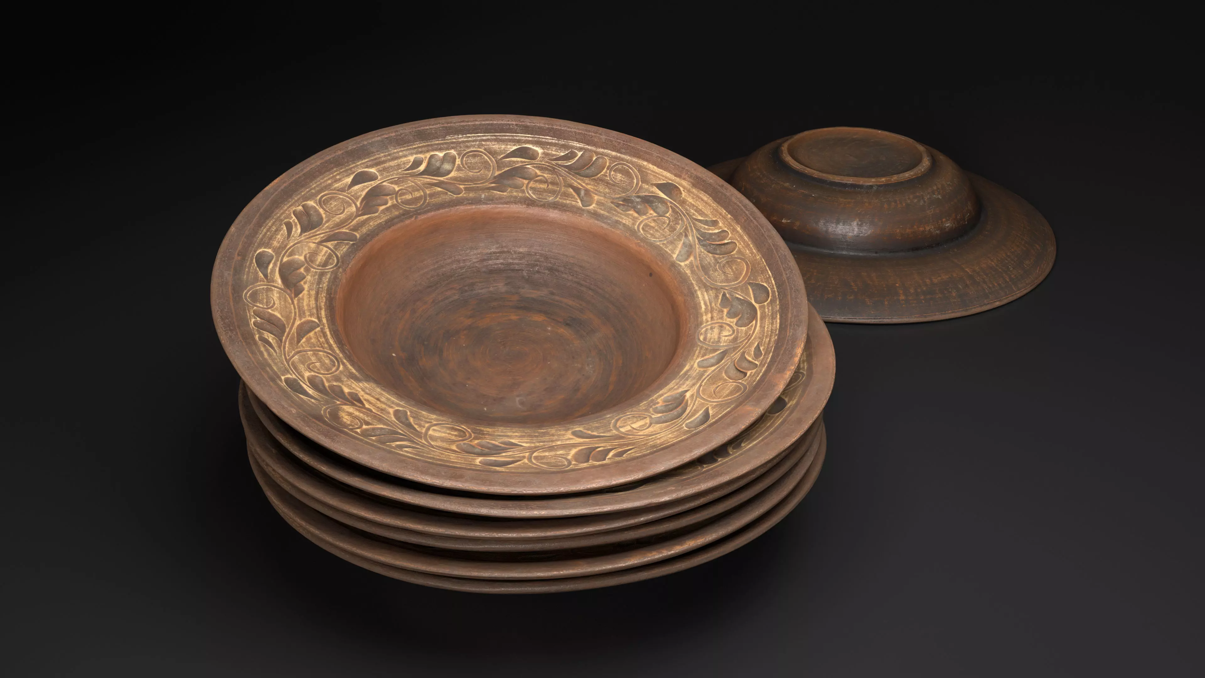 Wide Clay Plate with Floral Ornament Low-poly 3D model