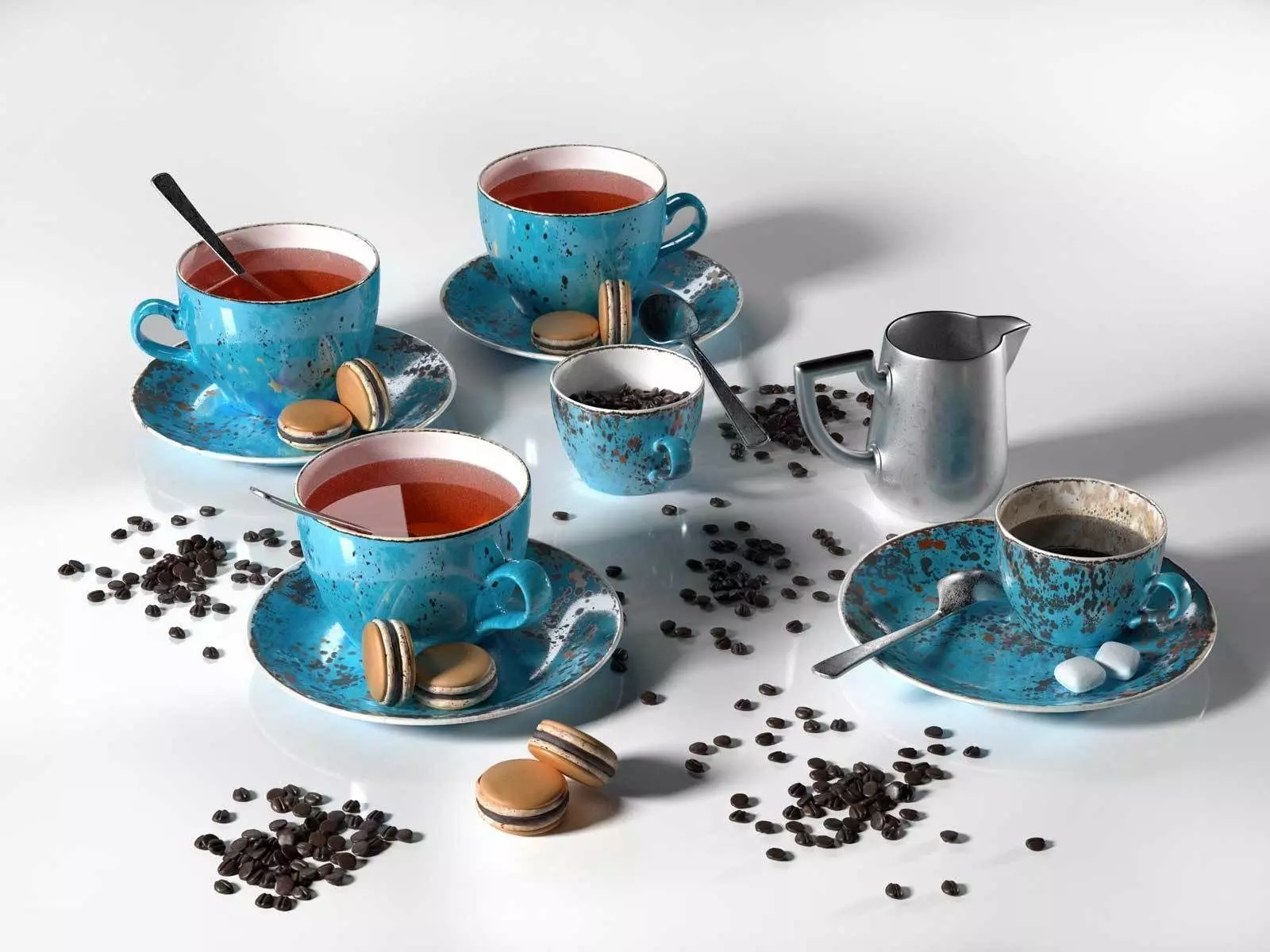 Tea Set with Chocolate Macarons 3D model_0
