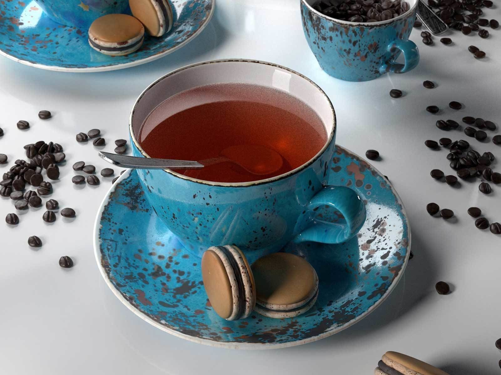 Tea Set with Chocolate Macarons 3D model_2