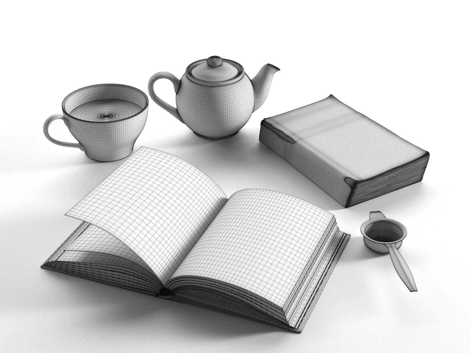 Tea Set with Books 3D model_3