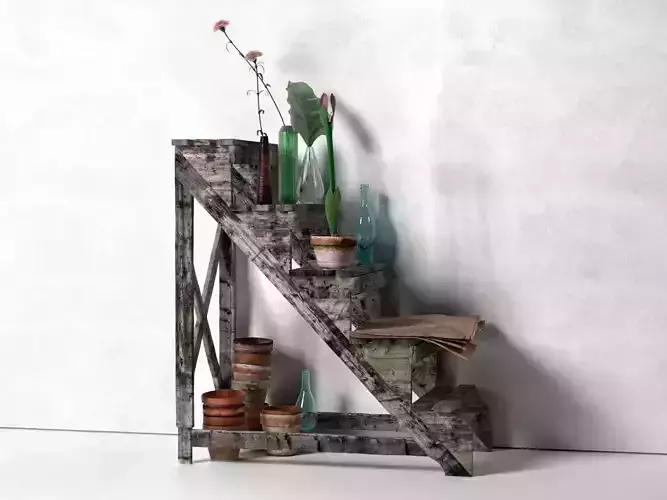 Staircase Stand with Flowers Pots Bottles and Paper