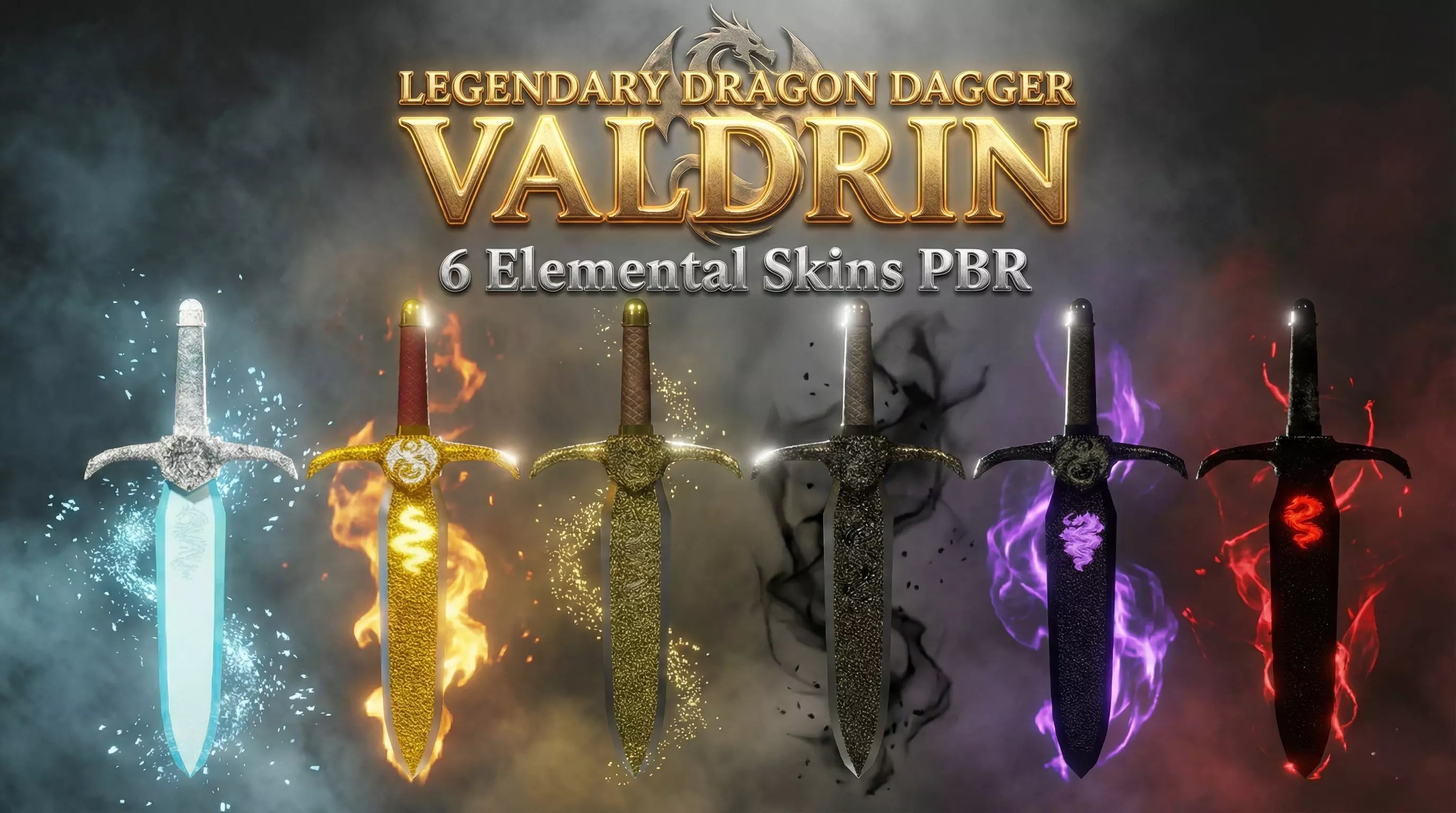 Legendary Dragon Dagger Valdrin - 6 Elemental Skins Low-poly 3D model