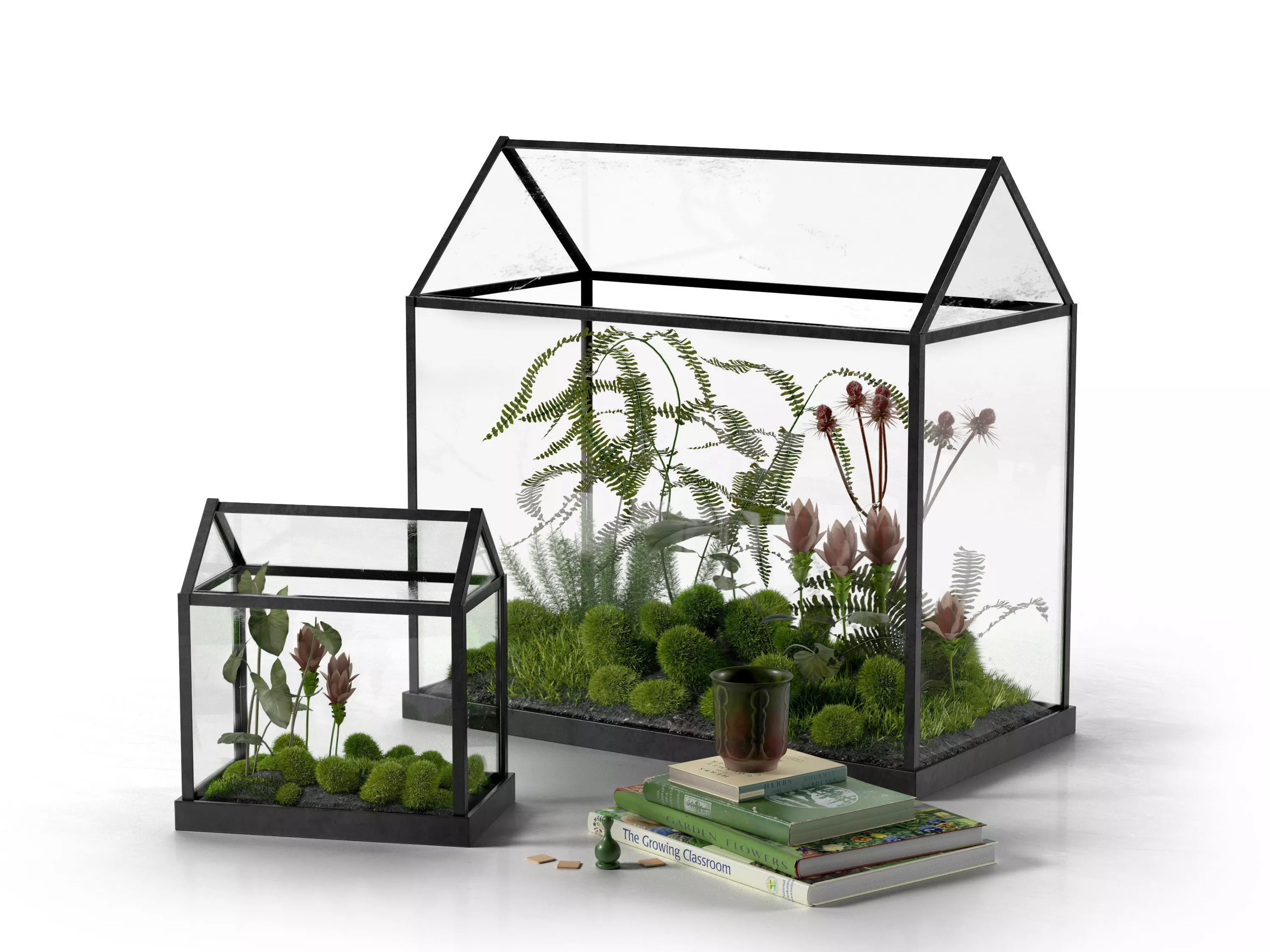 Mini Glass Greenhouse and Stack of Books with Cup 3D model_0