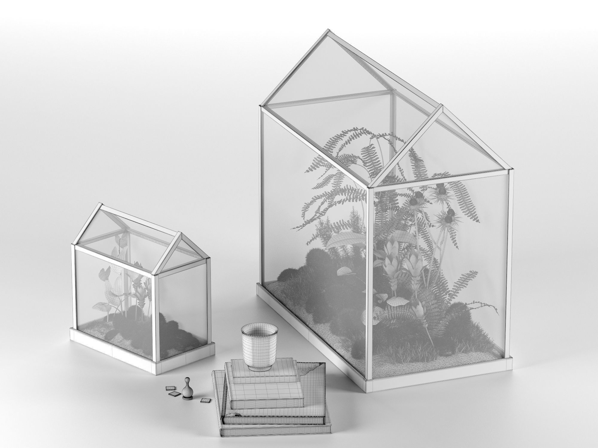 Mini Glass Greenhouse and Stack of Books with Cup 3D model_6