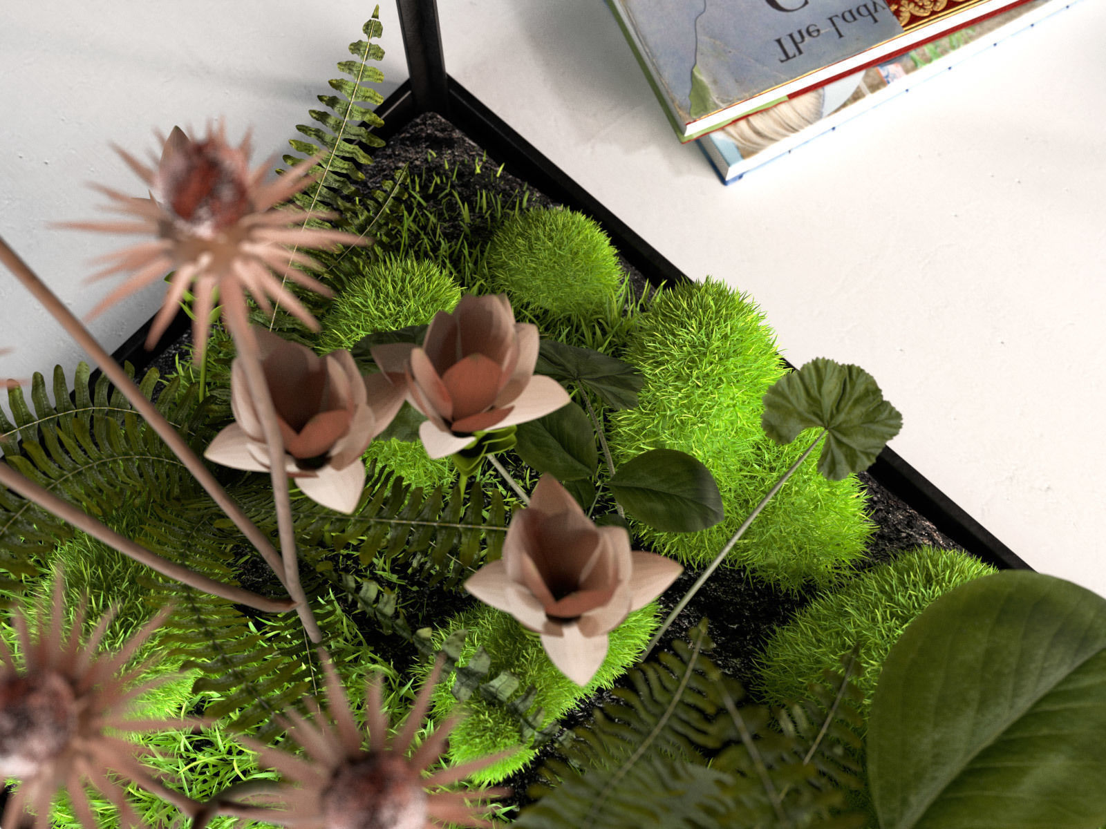 Mini Glass Greenhouse and Stack of Books with Cup 3D model_3