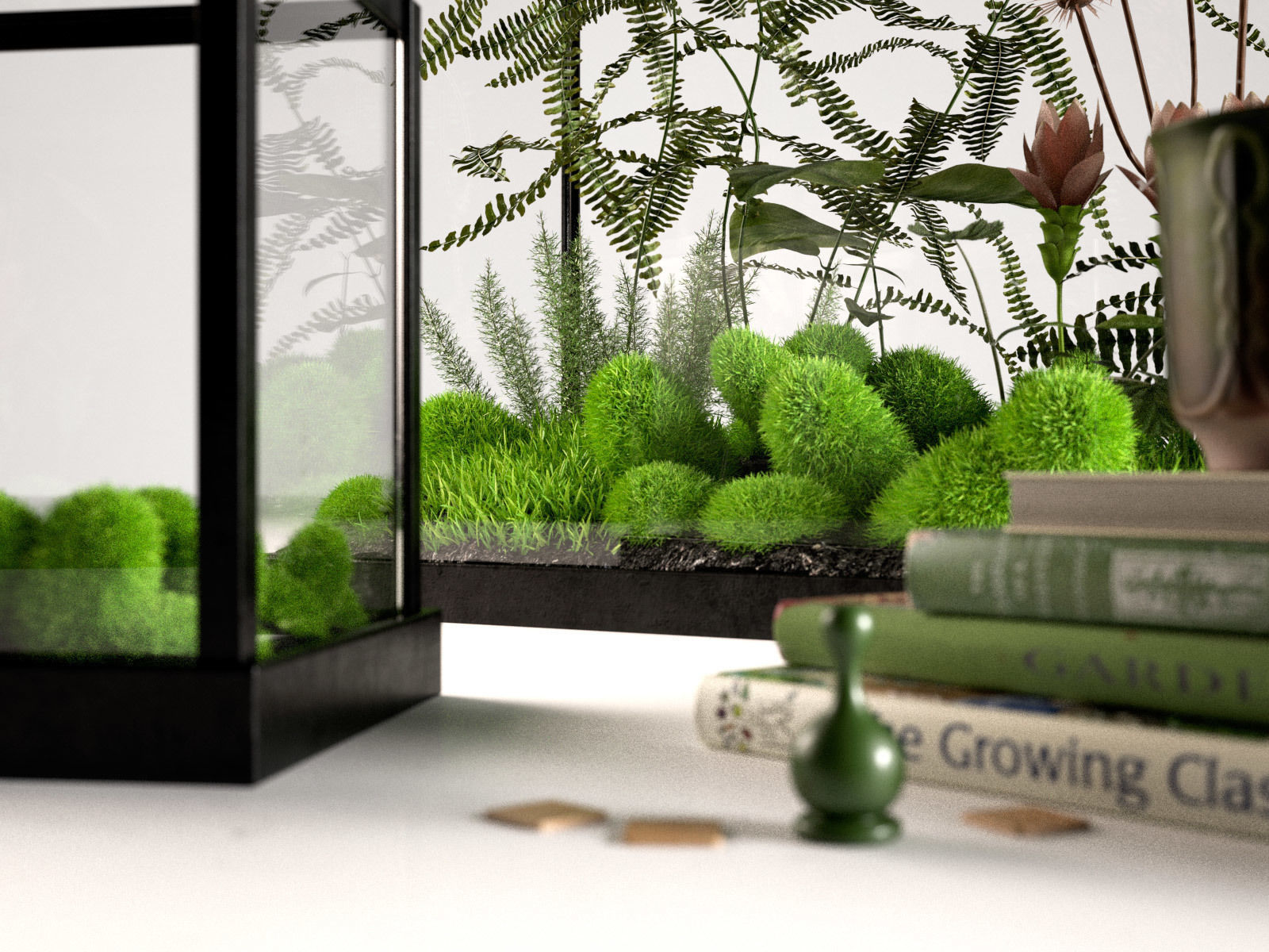 Mini Glass Greenhouse and Stack of Books with Cup 3D model_4