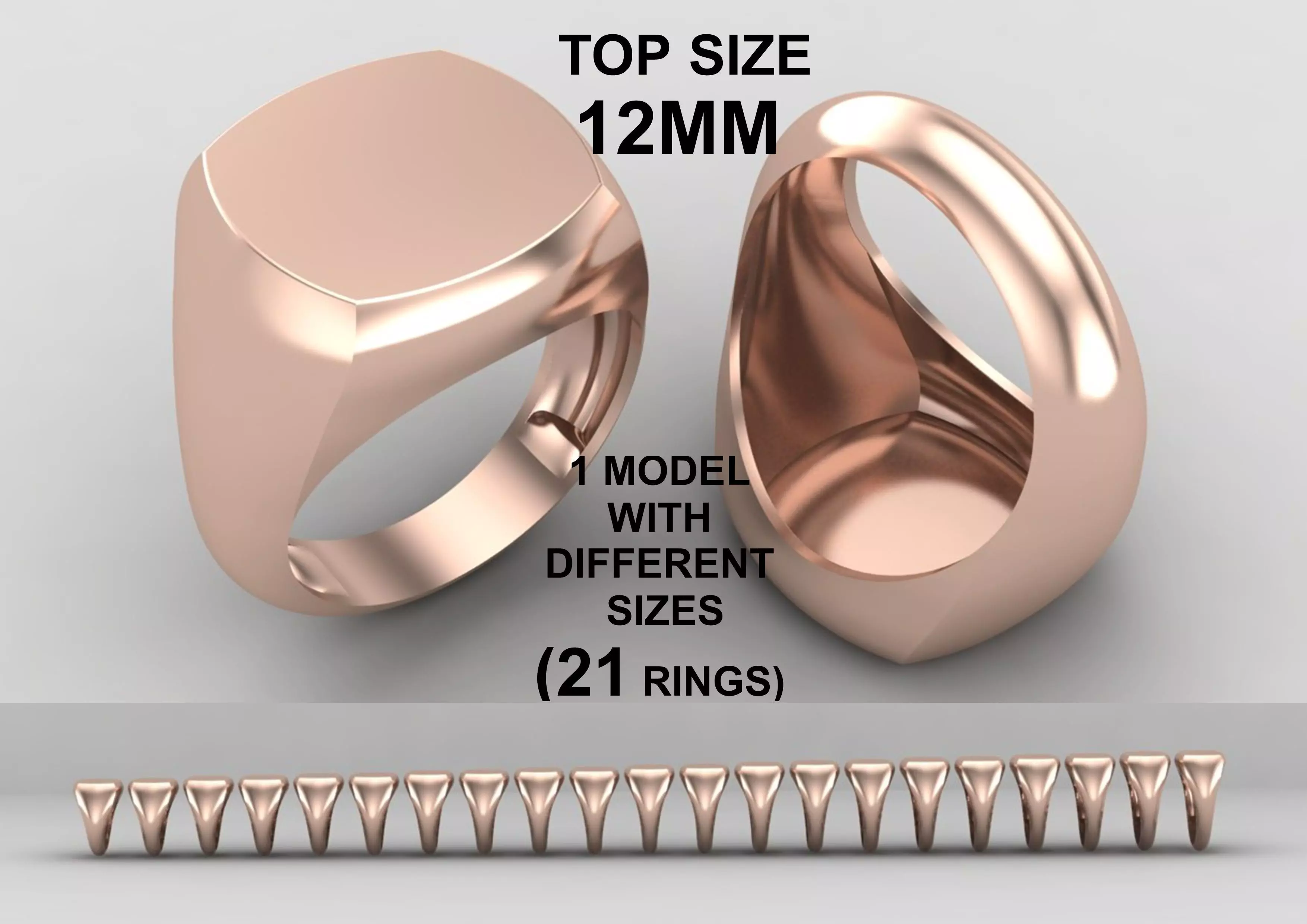 cushion square Signet Ring Base 12 MM top in All sizes 281-MWC 3D print model