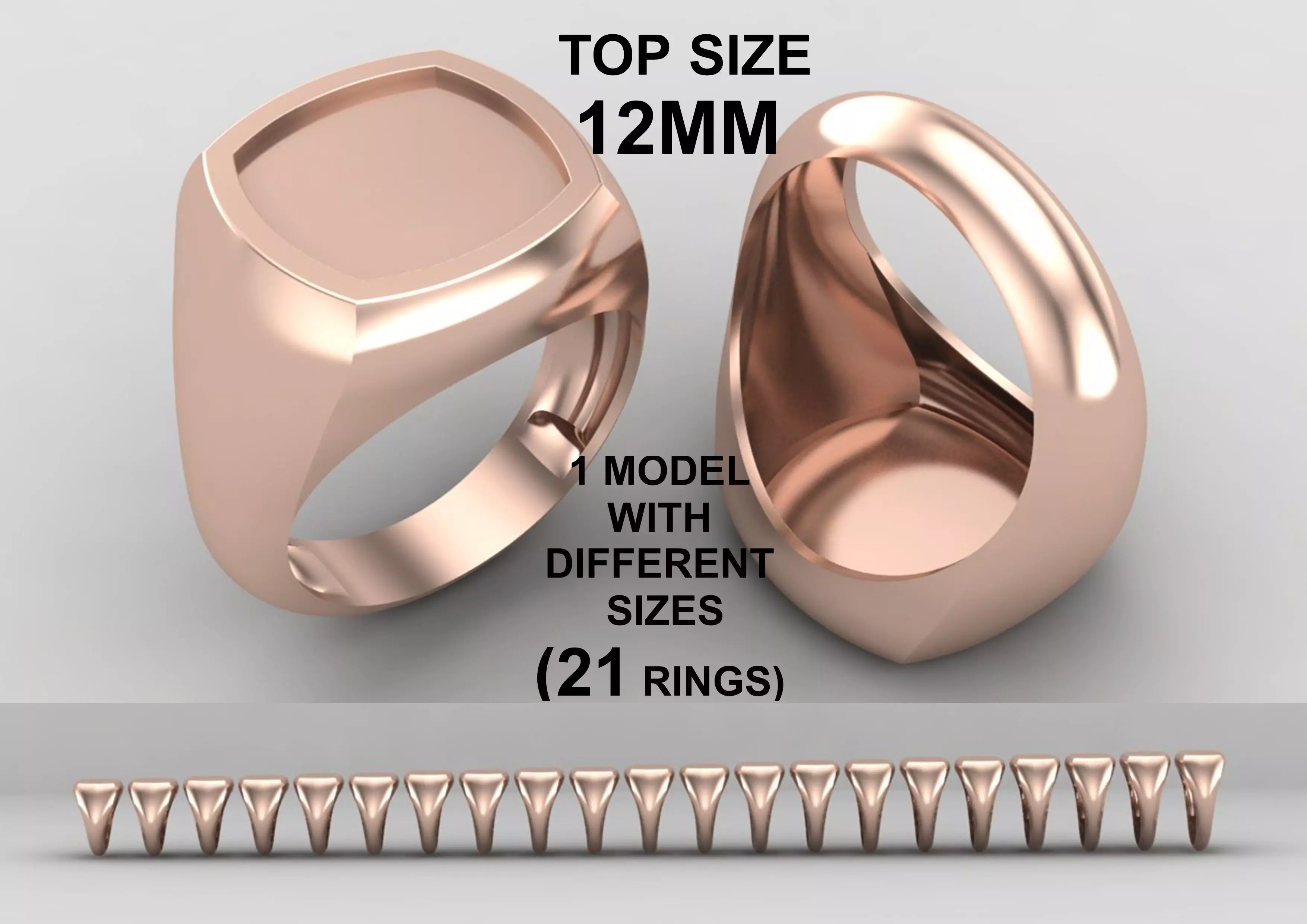 cushion square Signet Ring Base 12 MM top in All sizes 282-MWC 3D print model