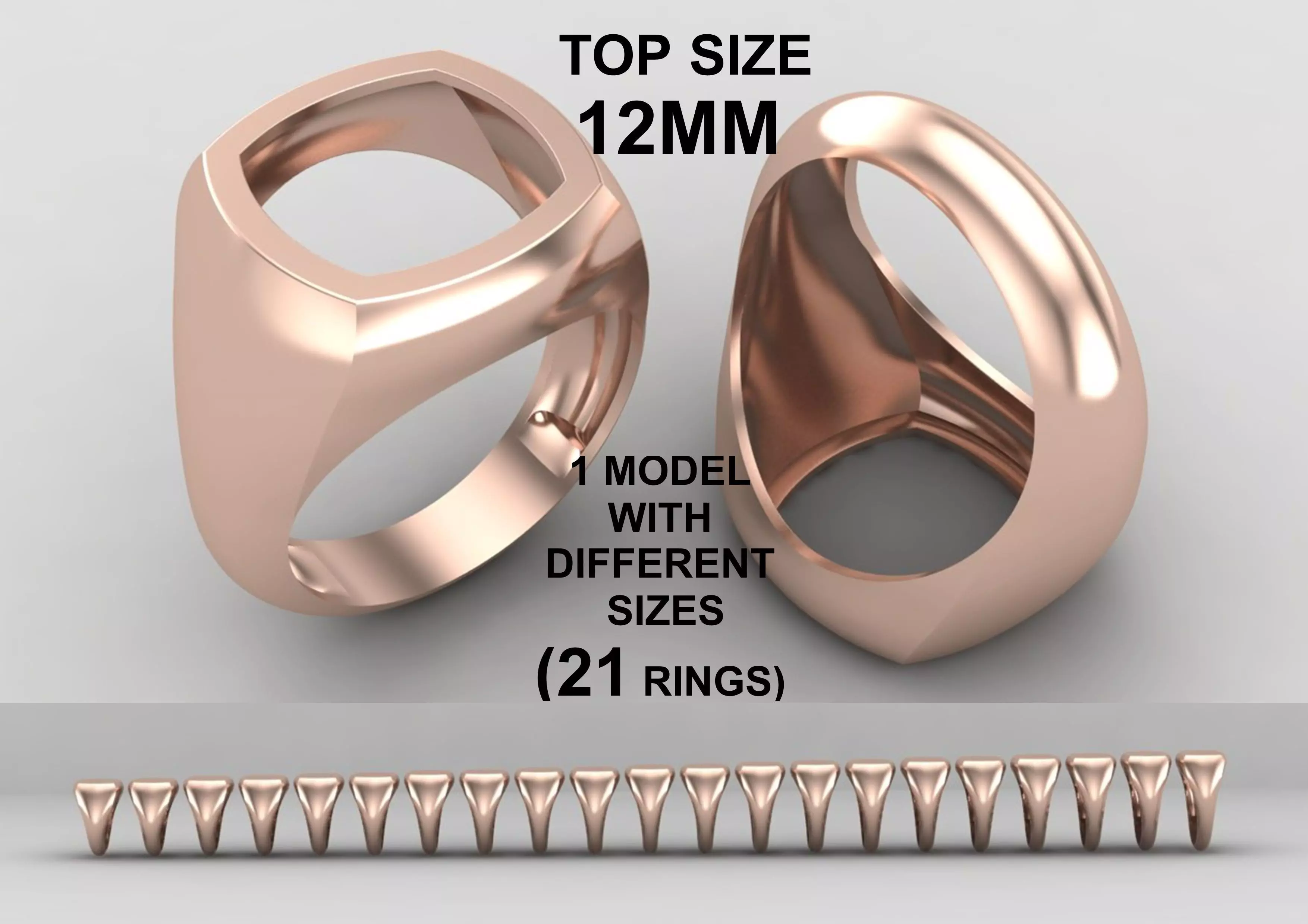 cushion square Signet Ring Base 12 MM top in All sizes 283-MWC 3D print model