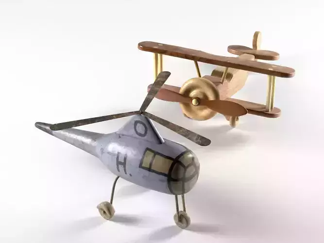 Helicopter and Wooden Bi Plane Airplane Toys