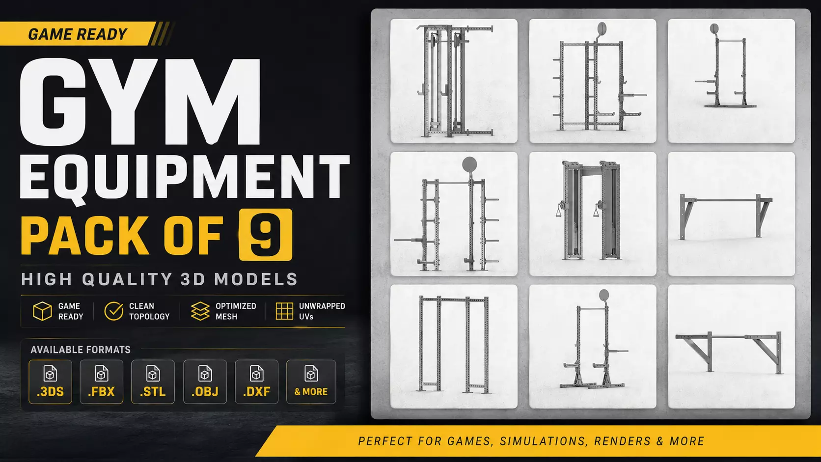 Gym Equipment pack of 9 Low-poly 3D model
