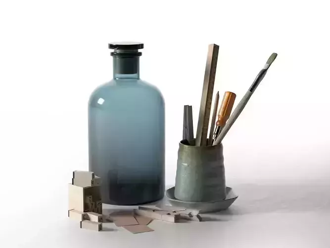 Composition of Drawing Accessories in Cup with Jar 3D model