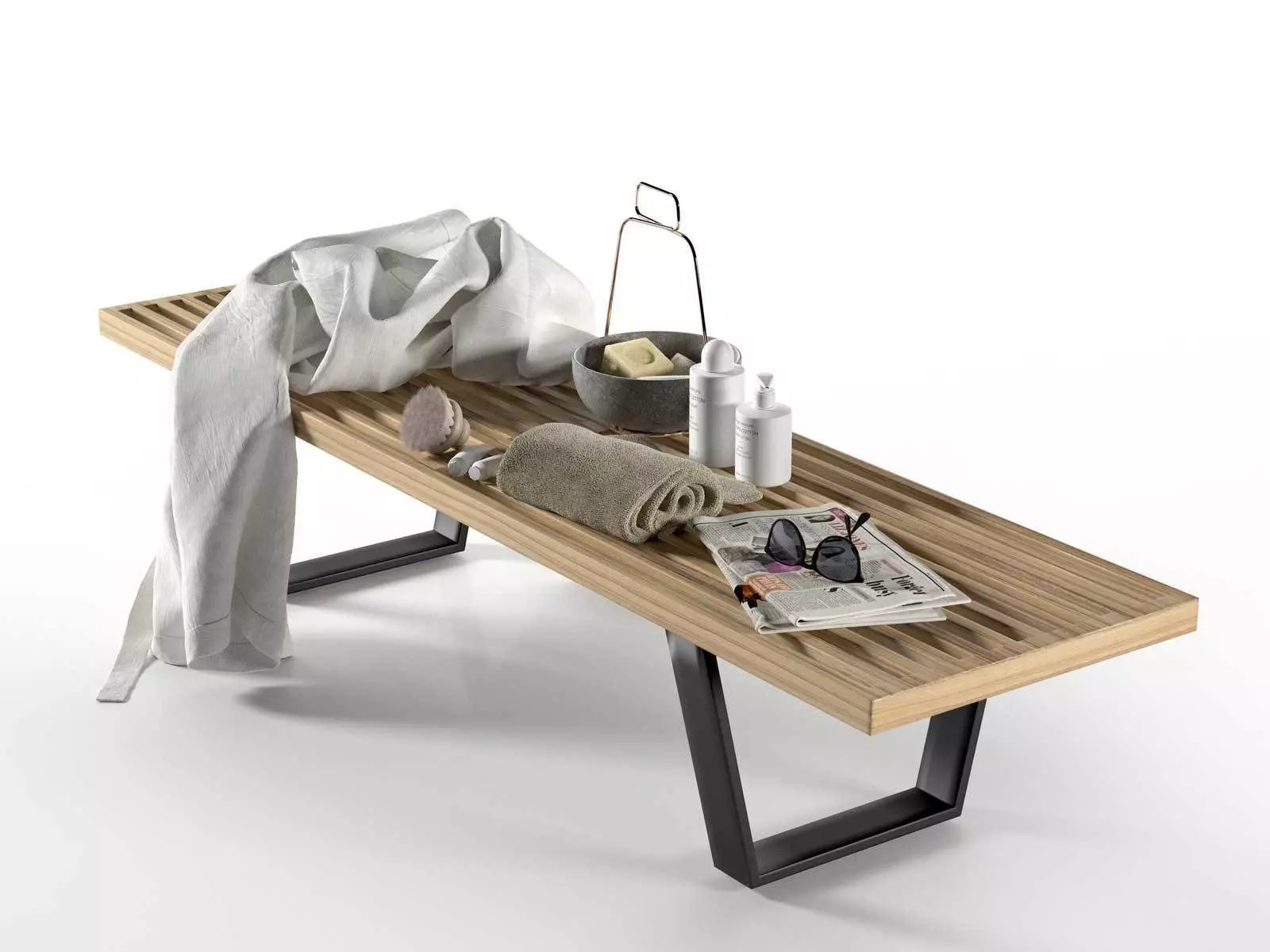 Composition Towels Cosmetics Sunglasses on Bench 3D model_0