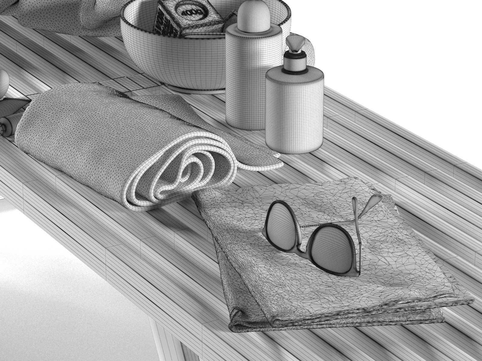 Composition Towels Cosmetics Sunglasses on Bench 3D model_4