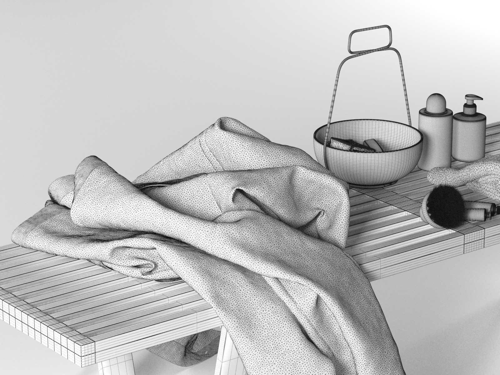 Composition Towels Cosmetics Sunglasses on Bench 3D model_3