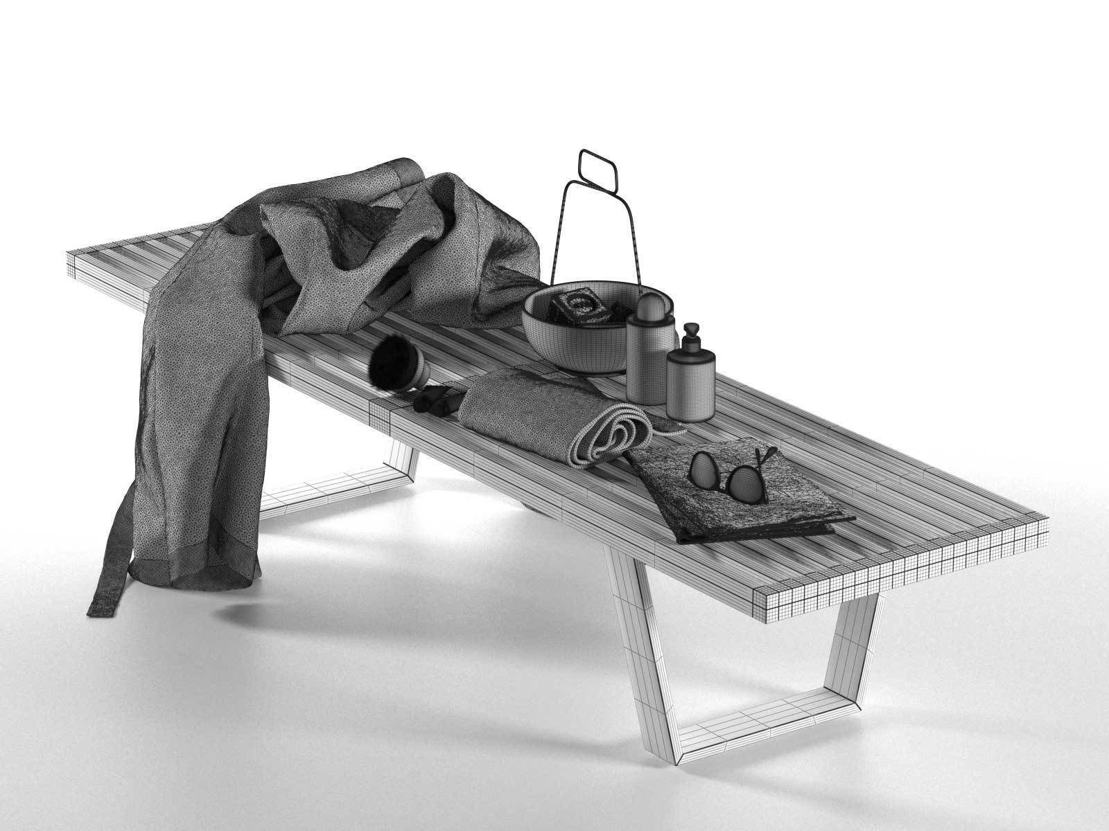 Composition Towels Cosmetics Sunglasses on Bench 3D model_2